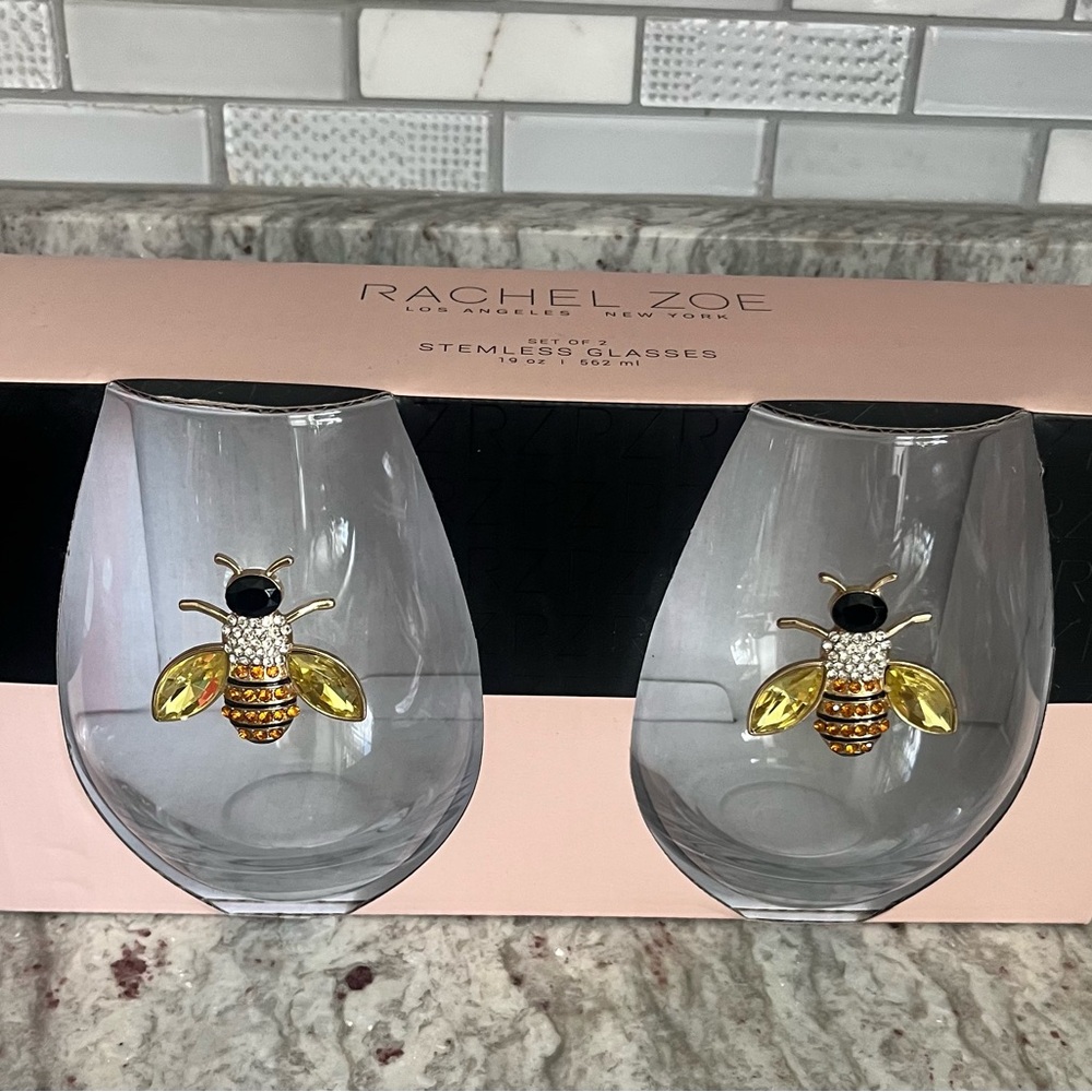 Rachel Zoe Set of Bee Embellished Stemless Wine Glasses, New in Box
